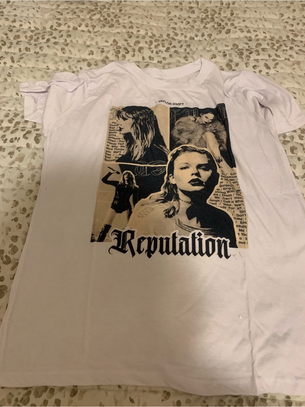 White Graphic Short-Sleeve Tee with Beige & Black Collage Print